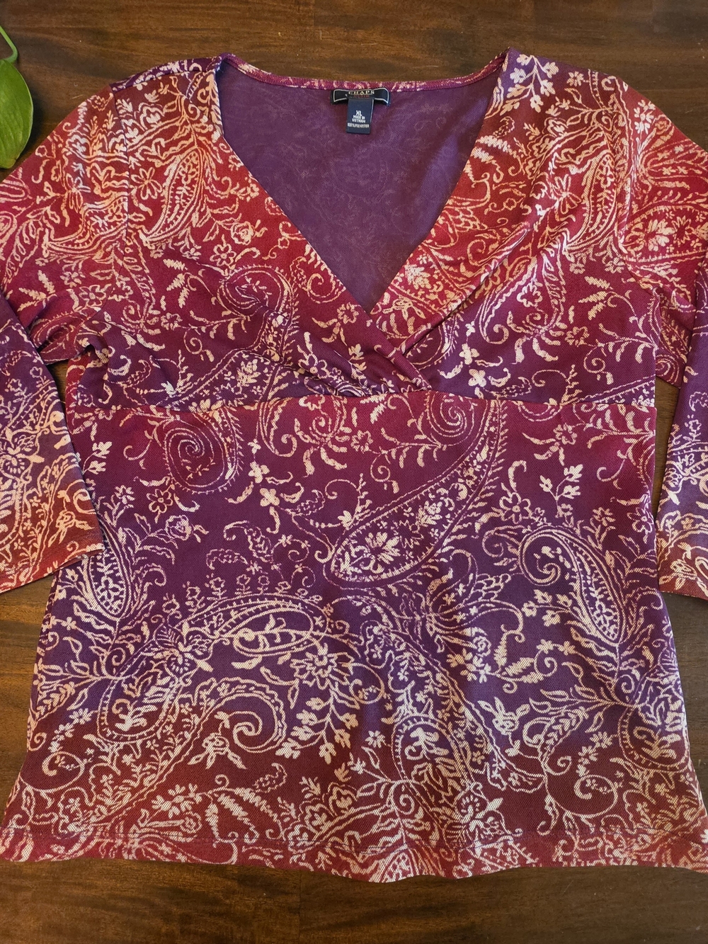 Chaps Denim Paisley Print Blouse Top XL Purple Pink V-Neck 3/4 Sleeve
